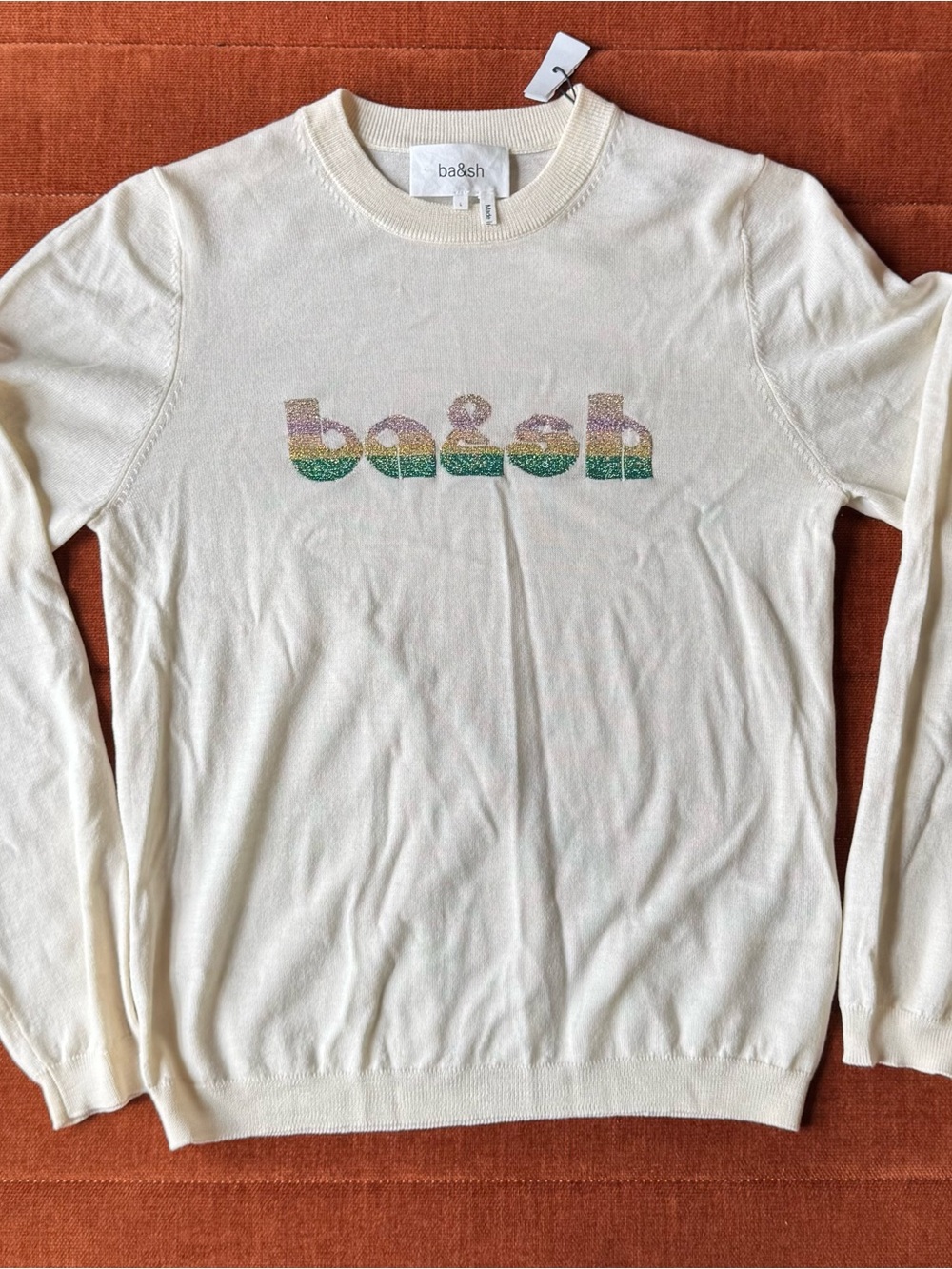 NEW Ba&sh clodie wool jumper sweater in ecru with glitter logo